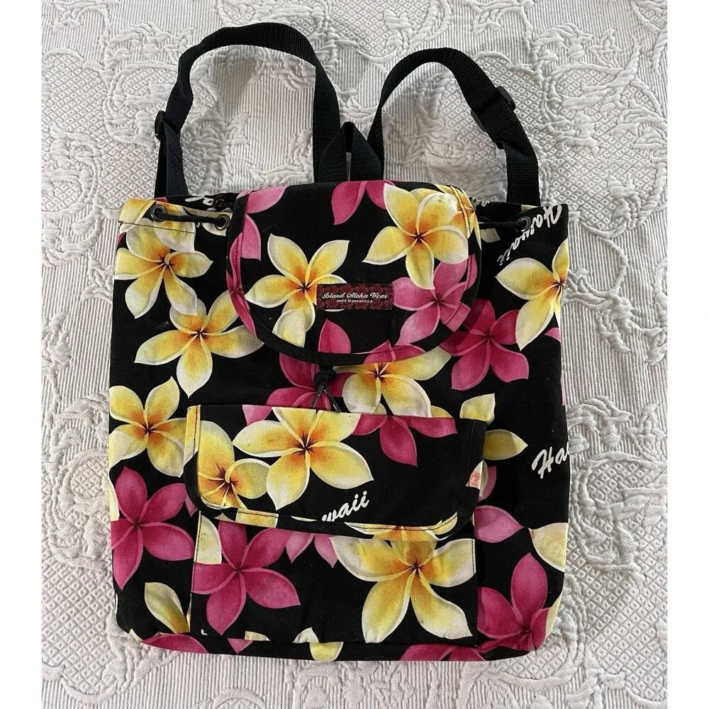 Vtg Island Aloha Wear Plumeria Floral Backpack Made in Hawaii Colorful